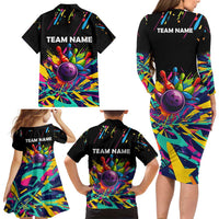 Colorful Bowling Ball and Pins Graphic Family Matching Long Sleeve Bodycon Dress and Hawaiian Shirt Custom with Paint Splash - Wonder Print Shop