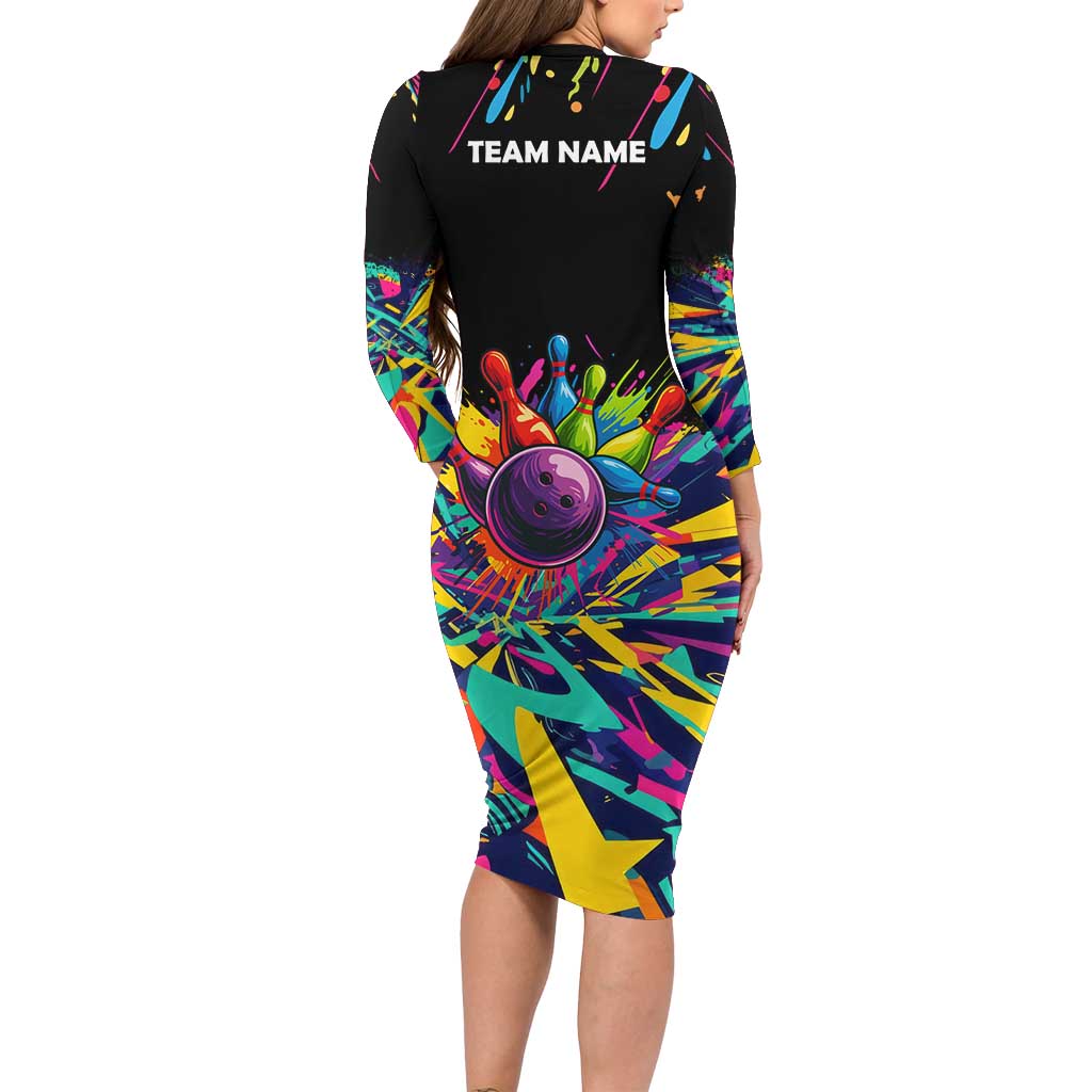 Colorful Bowling Ball and Pins Graphic Family Matching Long Sleeve Bodycon Dress and Hawaiian Shirt Custom with Paint Splash - Wonder Print Shop