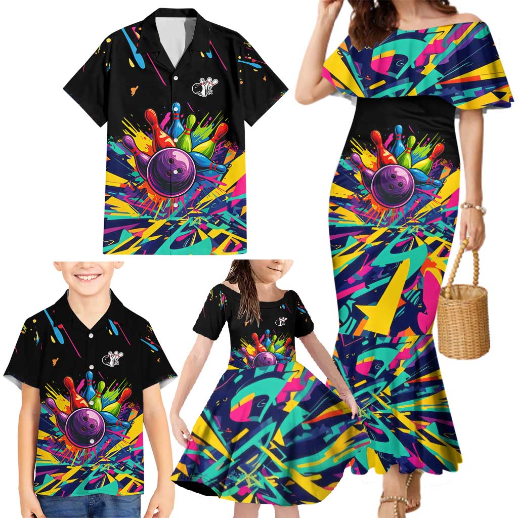 Colorful Bowling Ball and Pins Graphic Family Matching Mermaid Dress and Hawaiian Shirt Custom with Paint Splash - Wonder Print Shop
