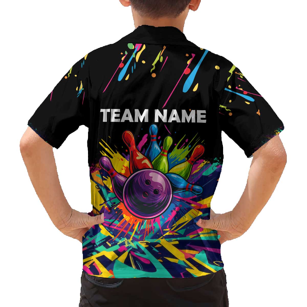 Colorful Bowling Ball and Pins Graphic Family Matching Off The Shoulder Long Sleeve Dress and Hawaiian Shirt Custom with Paint Splash - Wonder Print Shop
