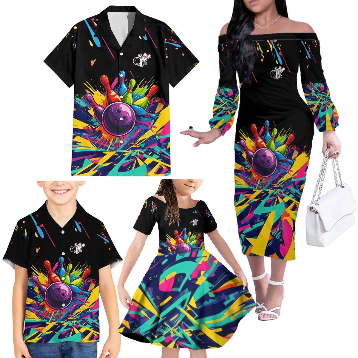 Colorful Bowling Ball and Pins Graphic Family Matching Off The Shoulder Long Sleeve Dress and Hawaiian Shirt Custom with Paint Splash - Wonder Print Shop
