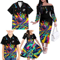 Colorful Bowling Ball and Pins Graphic Family Matching Off The Shoulder Long Sleeve Dress and Hawaiian Shirt Custom with Paint Splash - Wonder Print Shop