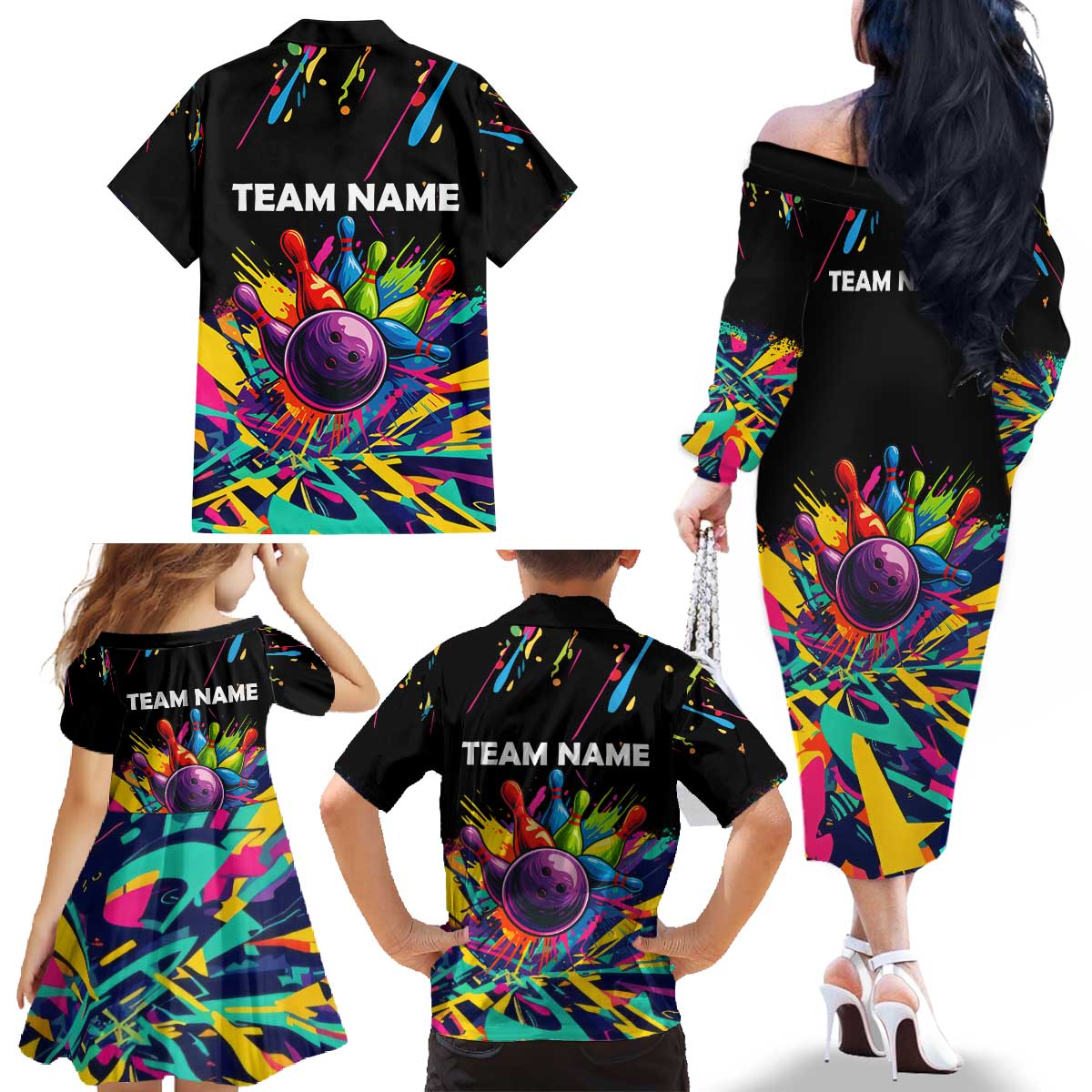 Colorful Bowling Ball and Pins Graphic Family Matching Off The Shoulder Long Sleeve Dress and Hawaiian Shirt Custom with Paint Splash - Wonder Print Shop