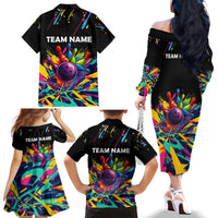 Colorful Bowling Ball and Pins Graphic Family Matching Off The Shoulder Long Sleeve Dress and Hawaiian Shirt Custom with Paint Splash - Wonder Print Shop