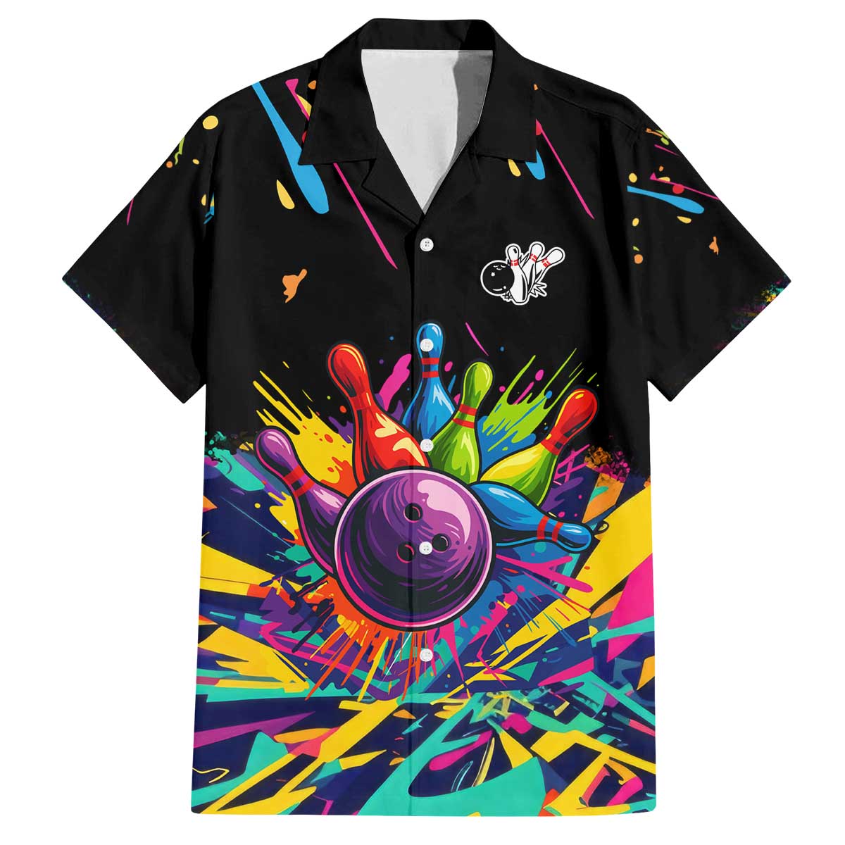 Colorful Bowling Ball and Pins Graphic Family Matching Off The Shoulder Long Sleeve Dress and Hawaiian Shirt Custom with Paint Splash - Wonder Print Shop