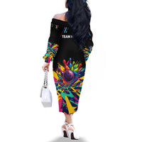 Colorful Bowling Ball and Pins Graphic Family Matching Off The Shoulder Long Sleeve Dress and Hawaiian Shirt Custom with Paint Splash - Wonder Print Shop