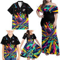 Colorful Bowling Ball and Pins Graphic Family Matching Off Shoulder Maxi Dress and Hawaiian Shirt Custom with Paint Splash - Wonder Print Shop