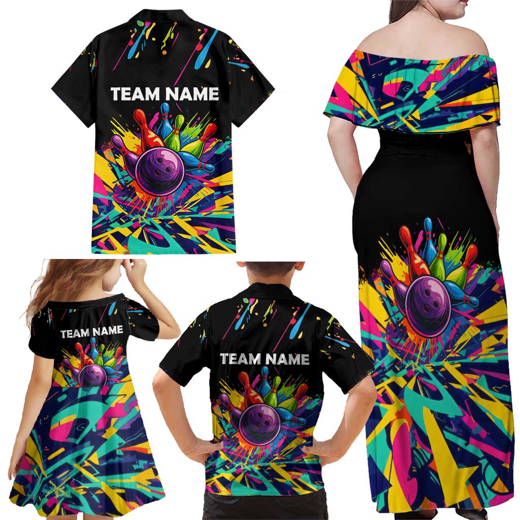 Colorful Bowling Ball and Pins Graphic Family Matching Off Shoulder Maxi Dress and Hawaiian Shirt Custom with Paint Splash - Wonder Print Shop