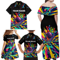 Colorful Bowling Ball and Pins Graphic Family Matching Off Shoulder Maxi Dress and Hawaiian Shirt Custom with Paint Splash - Wonder Print Shop