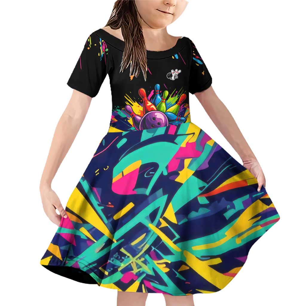 Colorful Bowling Ball and Pins Graphic Family Matching Off Shoulder Short Dress and Hawaiian Shirt Custom with Paint Splash - Wonder Print Shop