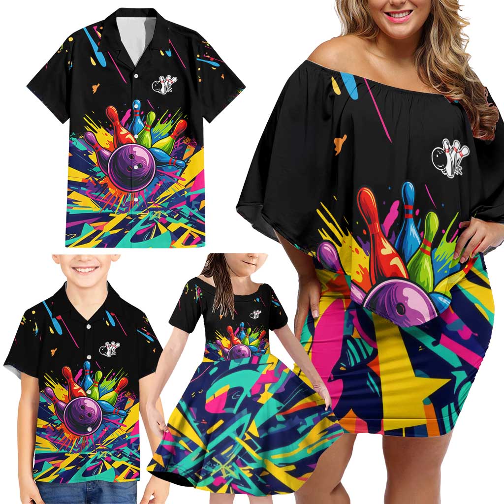 Colorful Bowling Ball and Pins Graphic Family Matching Off Shoulder Short Dress and Hawaiian Shirt Custom with Paint Splash - Wonder Print Shop