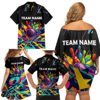 Colorful Bowling Ball and Pins Graphic Family Matching Off Shoulder Short Dress and Hawaiian Shirt Custom with Paint Splash - Wonder Print Shop