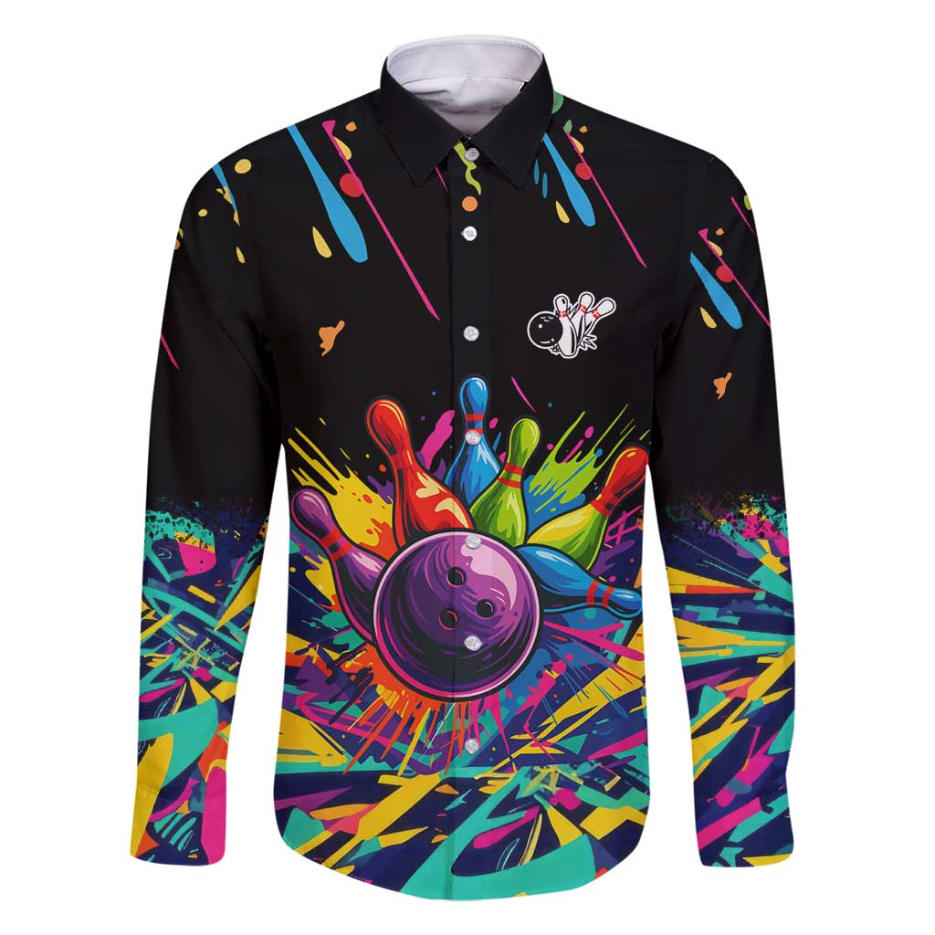 Colorful Bowling Ball and Pins Graphic Family Matching Off Shoulder Short Dress and Hawaiian Shirt Custom with Paint Splash - Wonder Print Shop