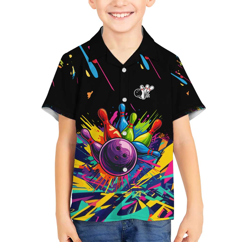 Colorful Bowling Ball and Pins Graphic Family Matching Off Shoulder Short Dress and Hawaiian Shirt Custom with Paint Splash - Wonder Print Shop