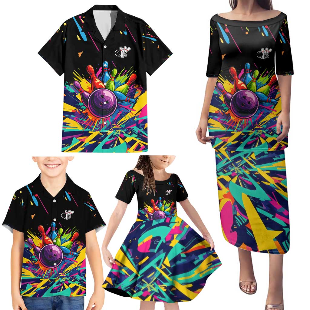 Colorful Bowling Ball and Pins Graphic Family Matching Puletasi and Hawaiian Shirt Custom with Paint Splash - Wonder Print Shop
