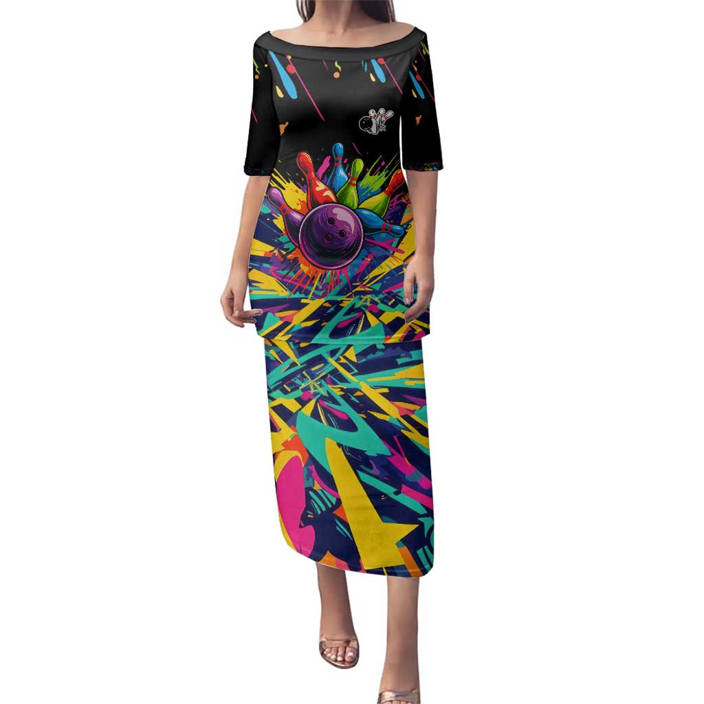 Colorful Bowling Ball and Pins Graphic Family Matching Puletasi and Hawaiian Shirt Custom with Paint Splash - Wonder Print Shop