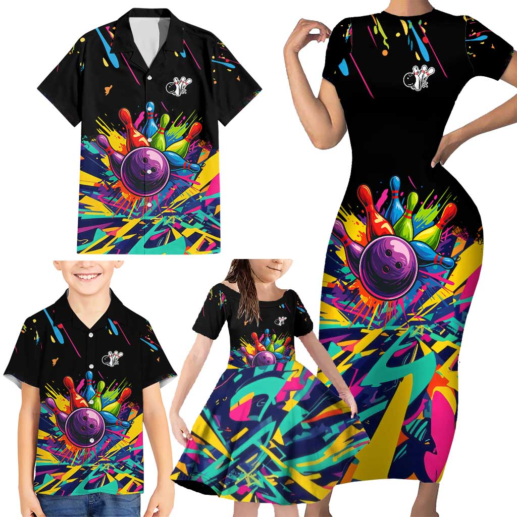 Colorful Bowling Ball and Pins Graphic Family Matching Short Sleeve Bodycon Dress and Hawaiian Shirt Custom with Paint Splash - Wonder Print Shop