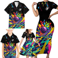Colorful Bowling Ball and Pins Graphic Family Matching Short Sleeve Bodycon Dress and Hawaiian Shirt Custom with Paint Splash - Wonder Print Shop
