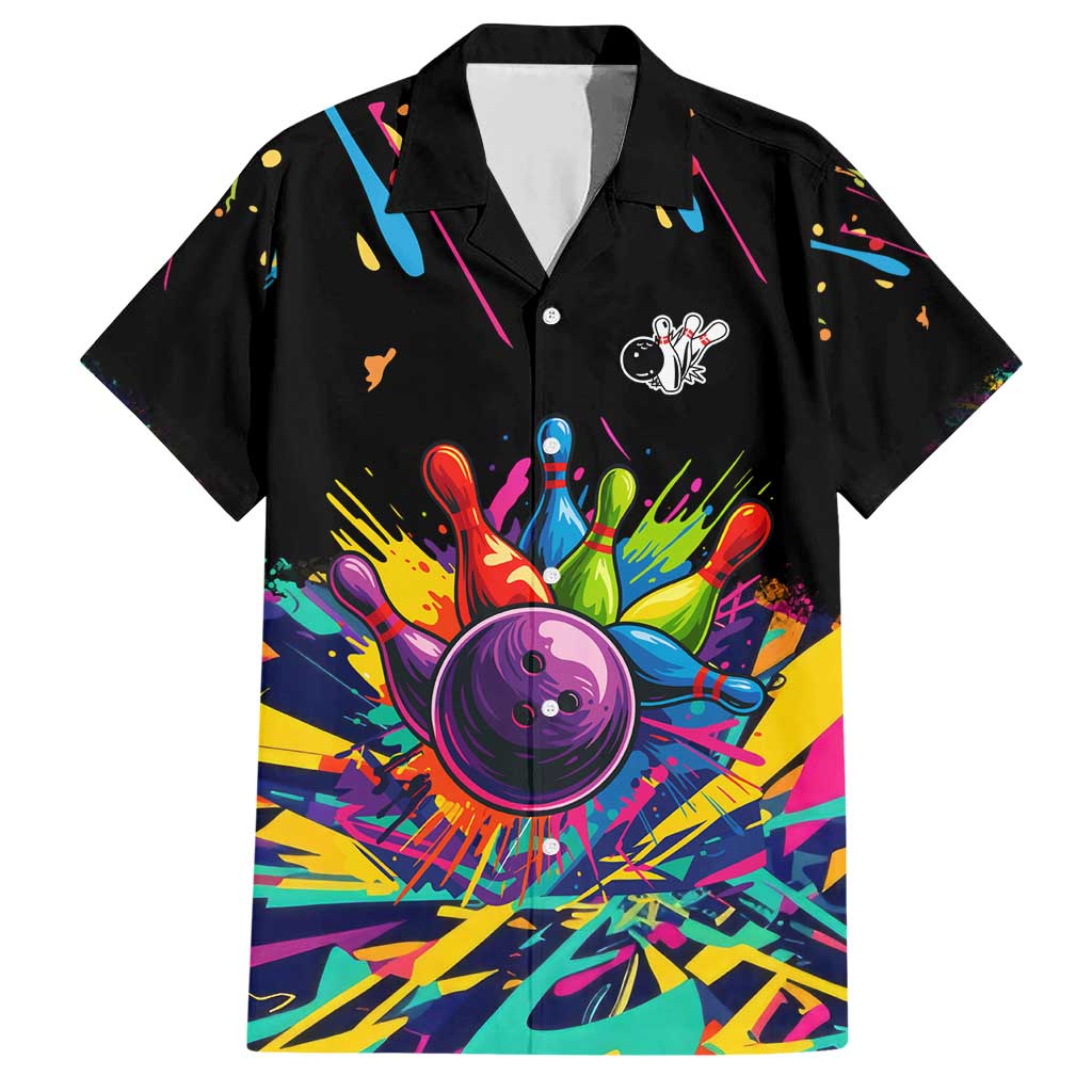 Colorful Bowling Ball and Pins Graphic Family Matching Short Sleeve Bodycon Dress and Hawaiian Shirt Custom with Paint Splash - Wonder Print Shop