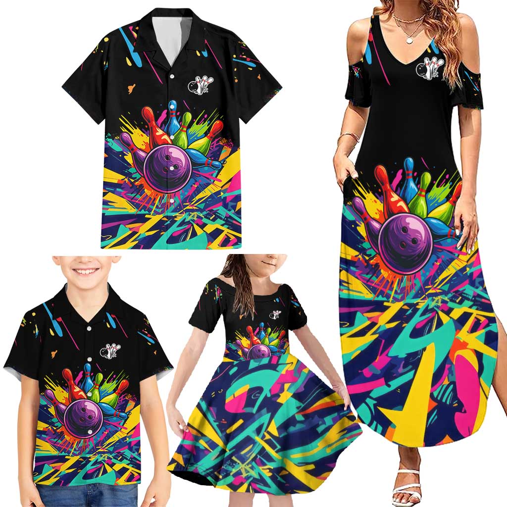 Colorful Bowling Ball and Pins Graphic Family Matching Summer Maxi Dress and Hawaiian Shirt Custom with Paint Splash - Wonder Print Shop