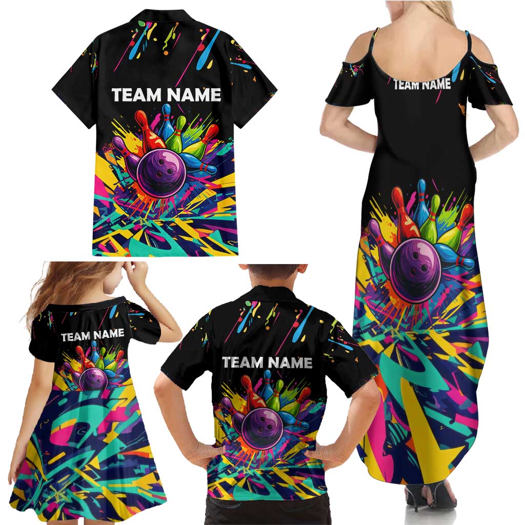 Colorful Bowling Ball and Pins Graphic Family Matching Summer Maxi Dress and Hawaiian Shirt Custom with Paint Splash - Wonder Print Shop