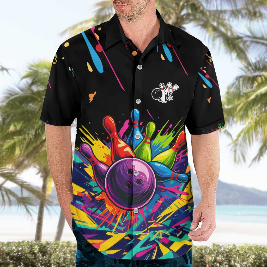 Colorful Bowling Ball and Pins Graphic Hawaiian Shirt Custom with Paint Splash - Wonder Print Shop