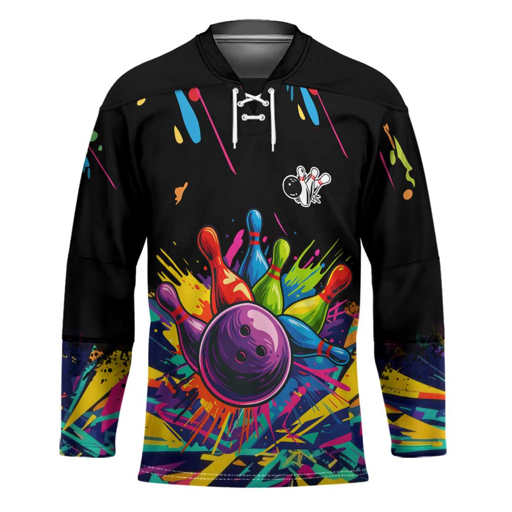Colorful Bowling Ball and Pins Graphic Hockey Jersey Custom with Paint Splash - Wonder Print Shop