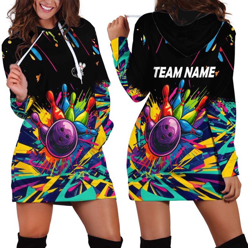 Colorful Bowling Ball and Pins Graphic Hoodie Dress Custom with Paint Splash - Wonder Print Shop