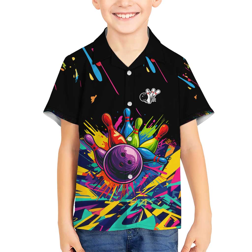 Colorful Bowling Ball and Pins Graphic Kid Hawaiian Shirt Custom with Paint Splash - Wonder Print Shop
