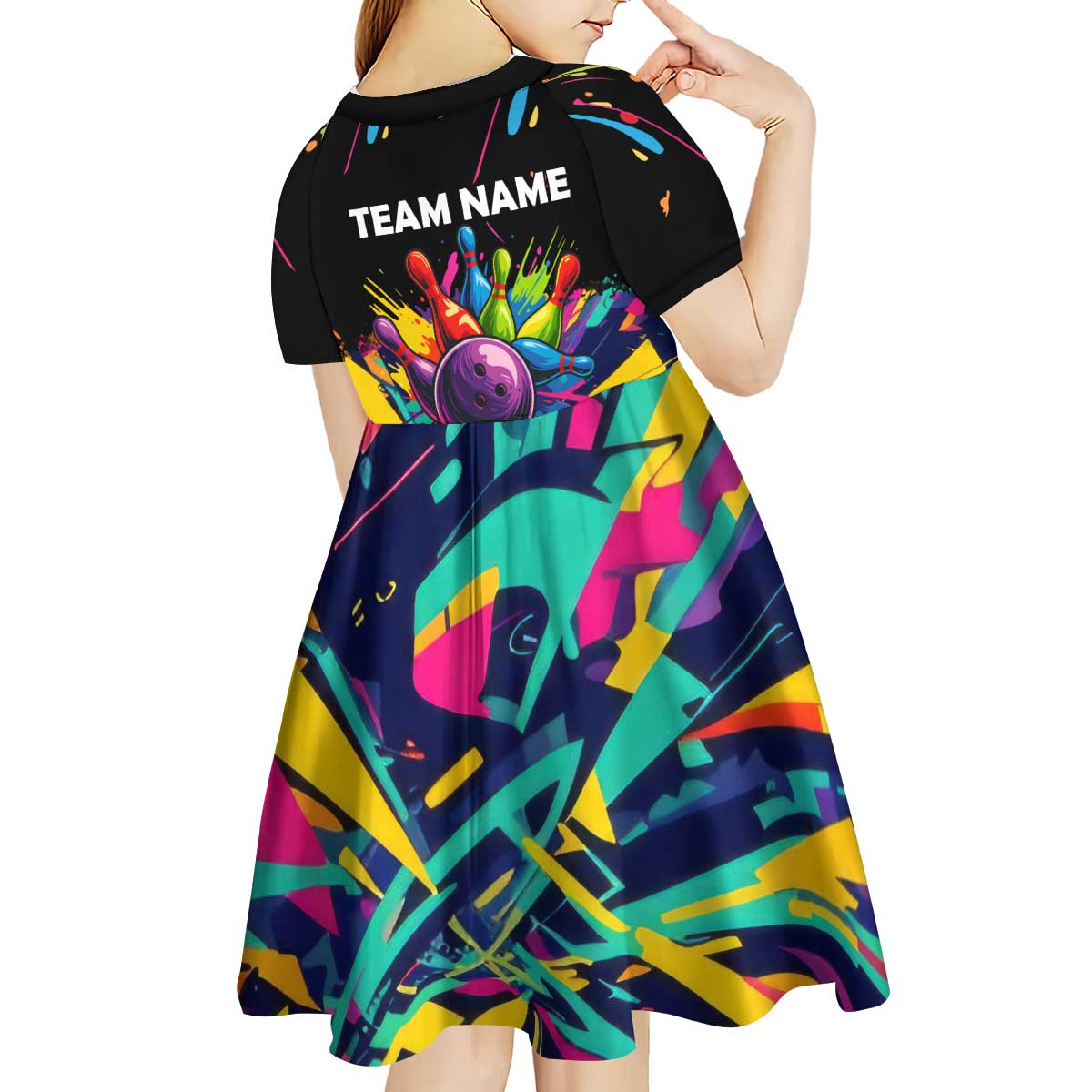 Colorful Bowling Ball and Pins Graphic Kid Short Sleeve Dress Custom with Paint Splash - Wonder Print Shop