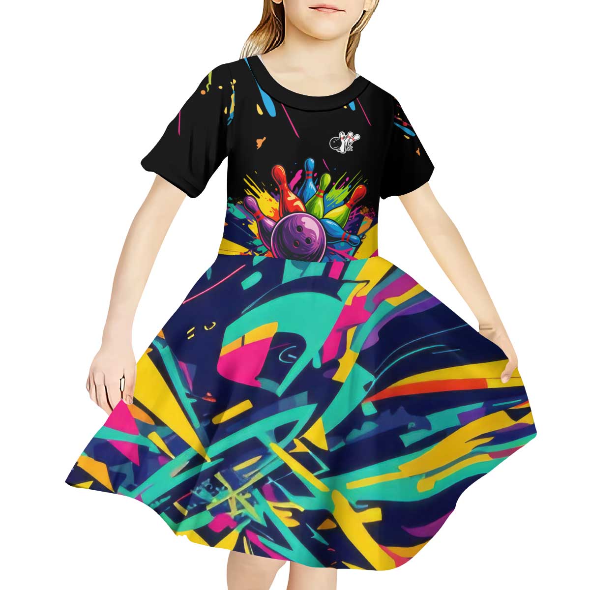 Colorful Bowling Ball and Pins Graphic Kid Short Sleeve Dress Custom with Paint Splash - Wonder Print Shop