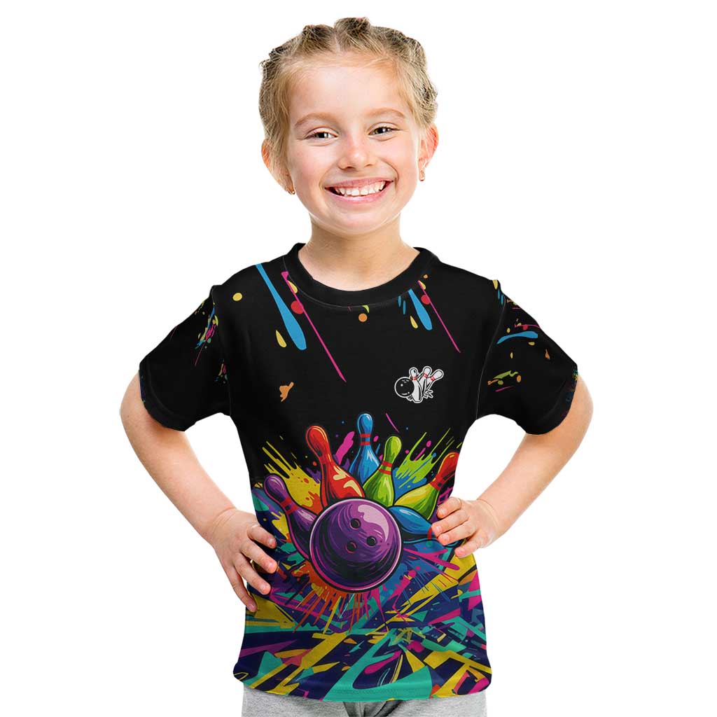 Colorful Bowling Ball and Pins Graphic Kid T Shirt Custom with Paint Splash - Wonder Print Shop