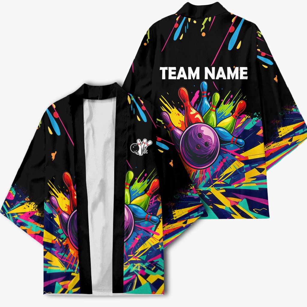 Colorful Bowling Ball and Pins Graphic Kimono Custom with Paint Splash - Wonder Print Shop