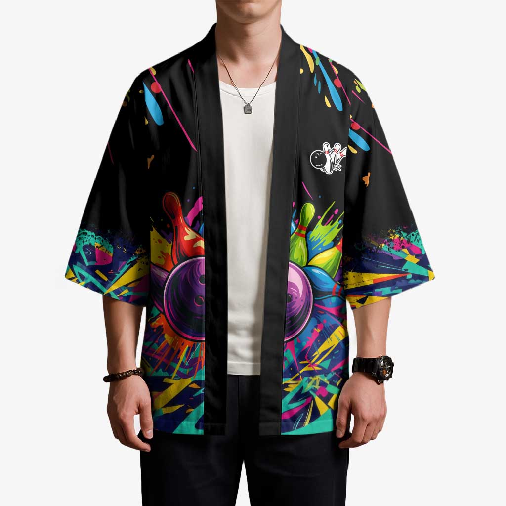 Colorful Bowling Ball and Pins Graphic Kimono Custom with Paint Splash - Wonder Print Shop