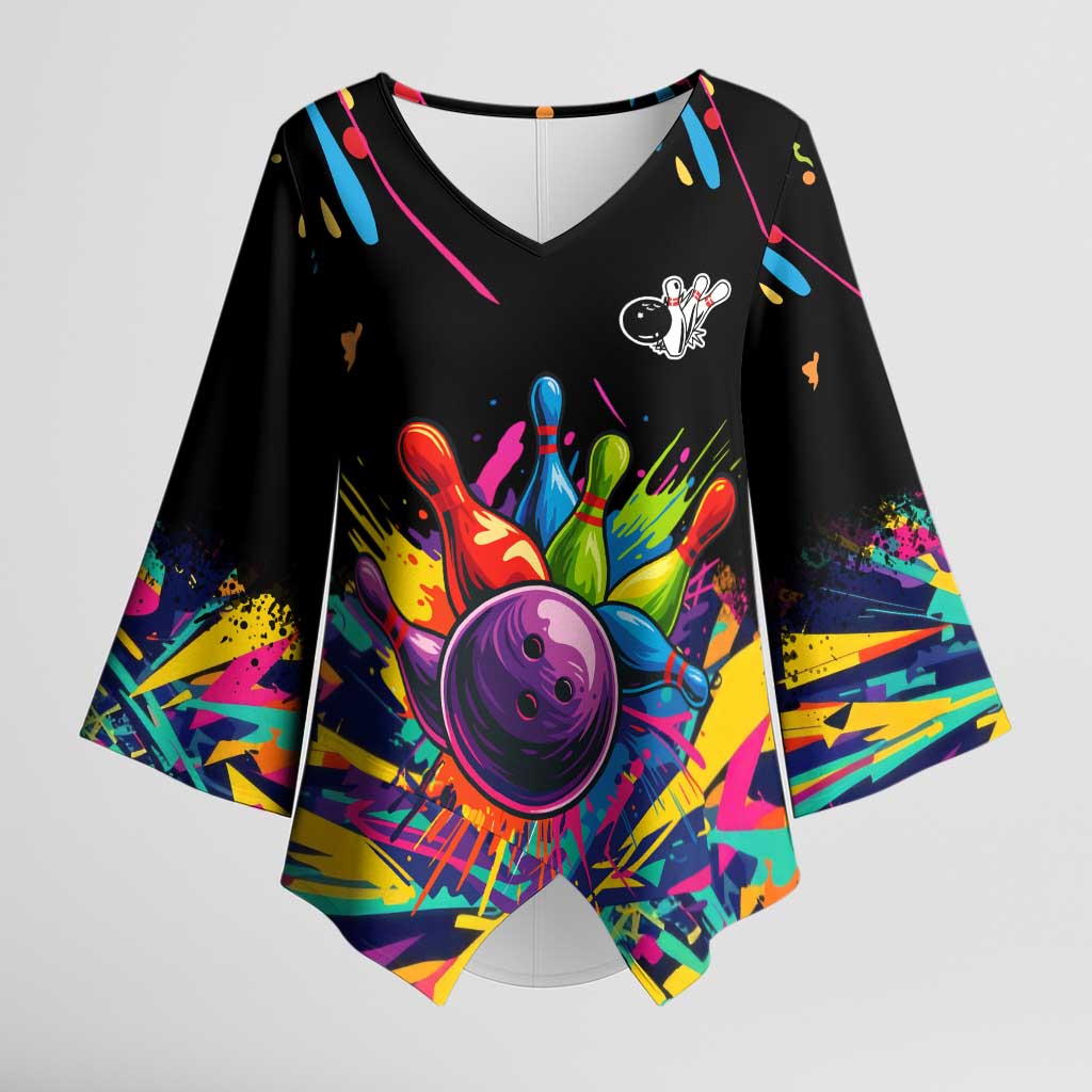 Colorful Bowling Ball and Pins Graphic Kimono Sleeve Blouse Custom with Paint Splash - Wonder Print Shop