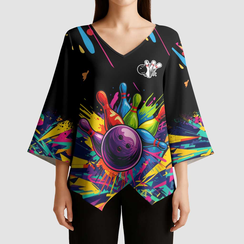 Colorful Bowling Ball and Pins Graphic Kimono Sleeve Blouse Custom with Paint Splash - Wonder Print Shop