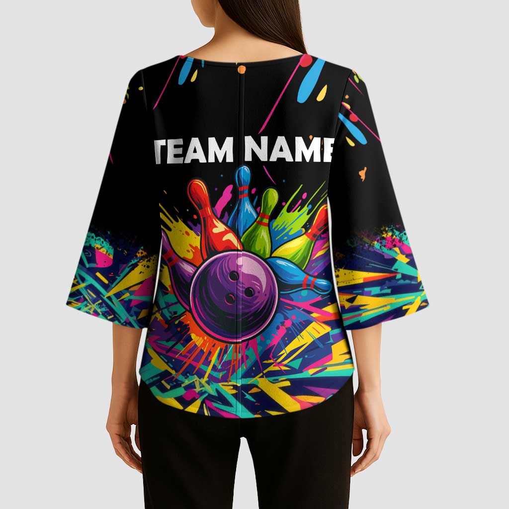 Colorful Bowling Ball and Pins Graphic Kimono Sleeve Blouse Custom with Paint Splash - Wonder Print Shop