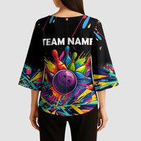 Colorful Bowling Ball and Pins Graphic Kimono Sleeve Blouse Custom with Paint Splash - Wonder Print Shop