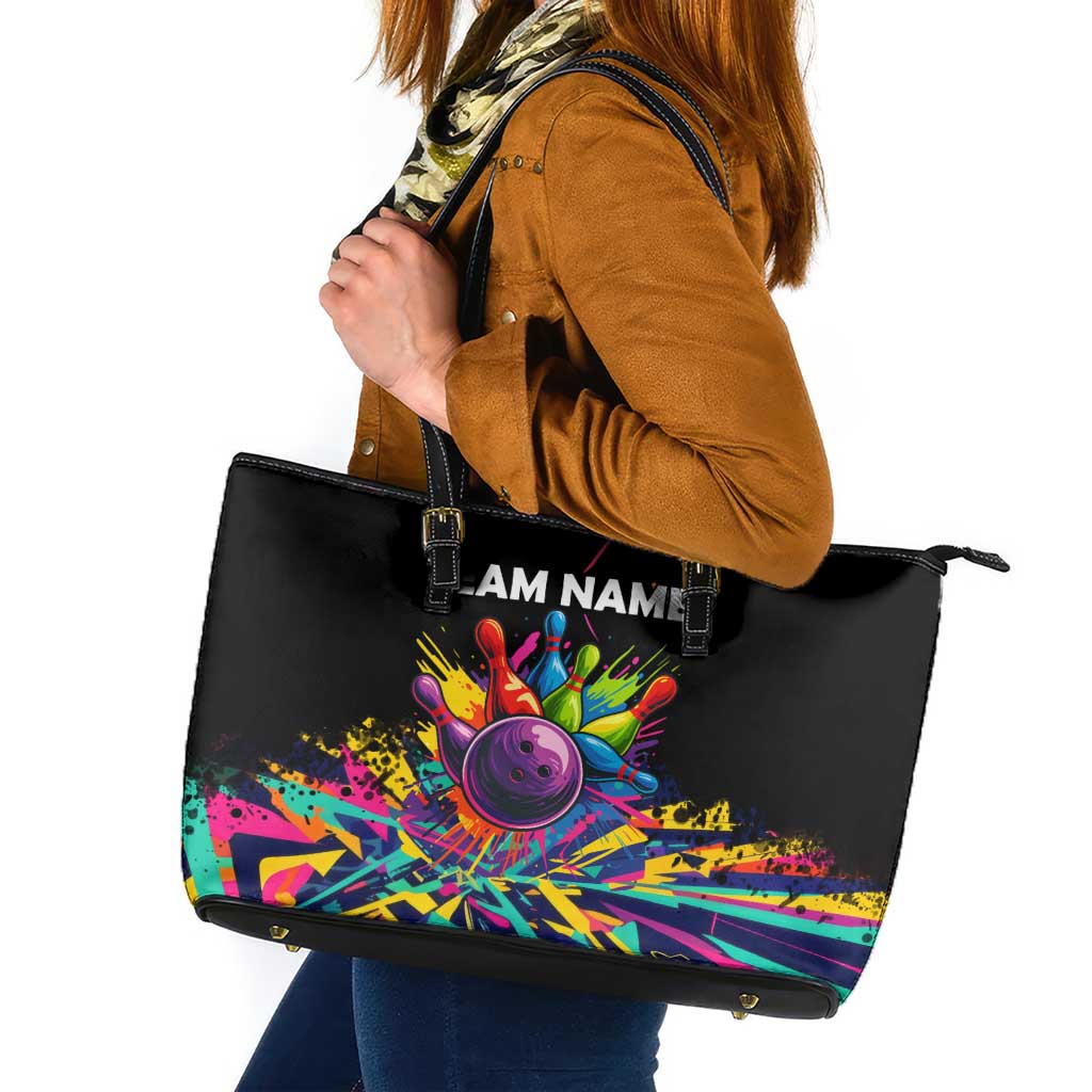 Colorful Bowling Ball and Pins Graphic Leather Tote Bag Custom with Paint Splash - Wonder Print Shop