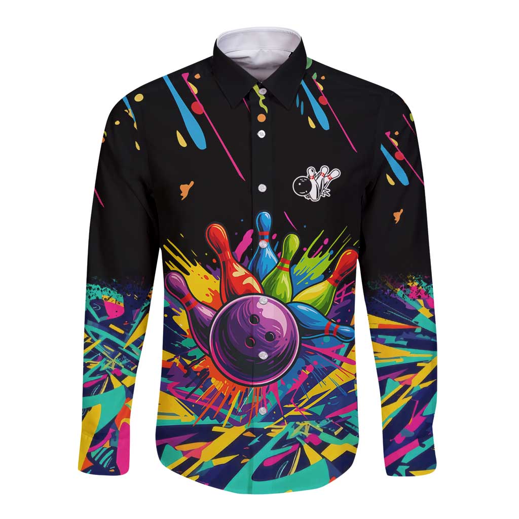 Colorful Bowling Ball and Pins Graphic Long Sleeve Button Shirt Custom with Paint Splash - Wonder Print Shop