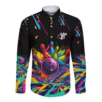Colorful Bowling Ball and Pins Graphic Long Sleeve Button Shirt Custom with Paint Splash - Wonder Print Shop