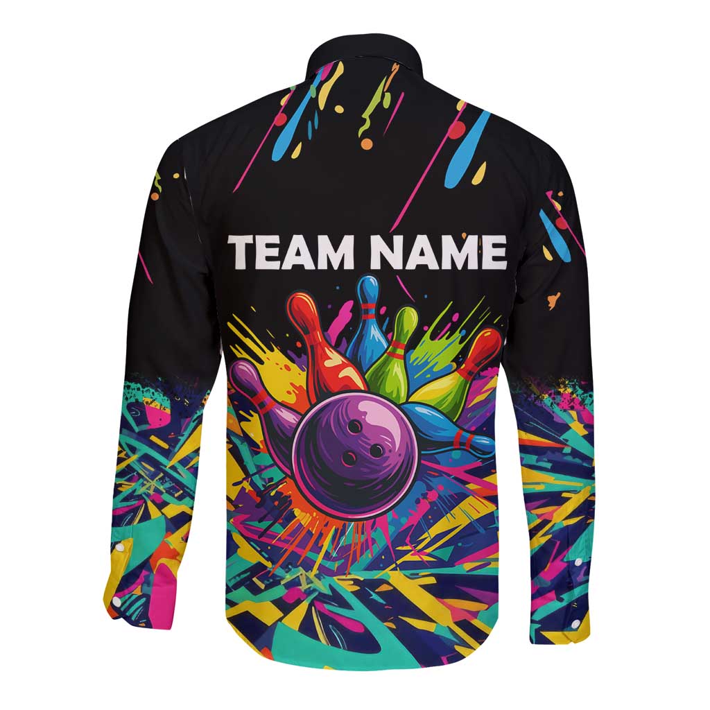 Colorful Bowling Ball and Pins Graphic Long Sleeve Button Shirt Custom with Paint Splash - Wonder Print Shop
