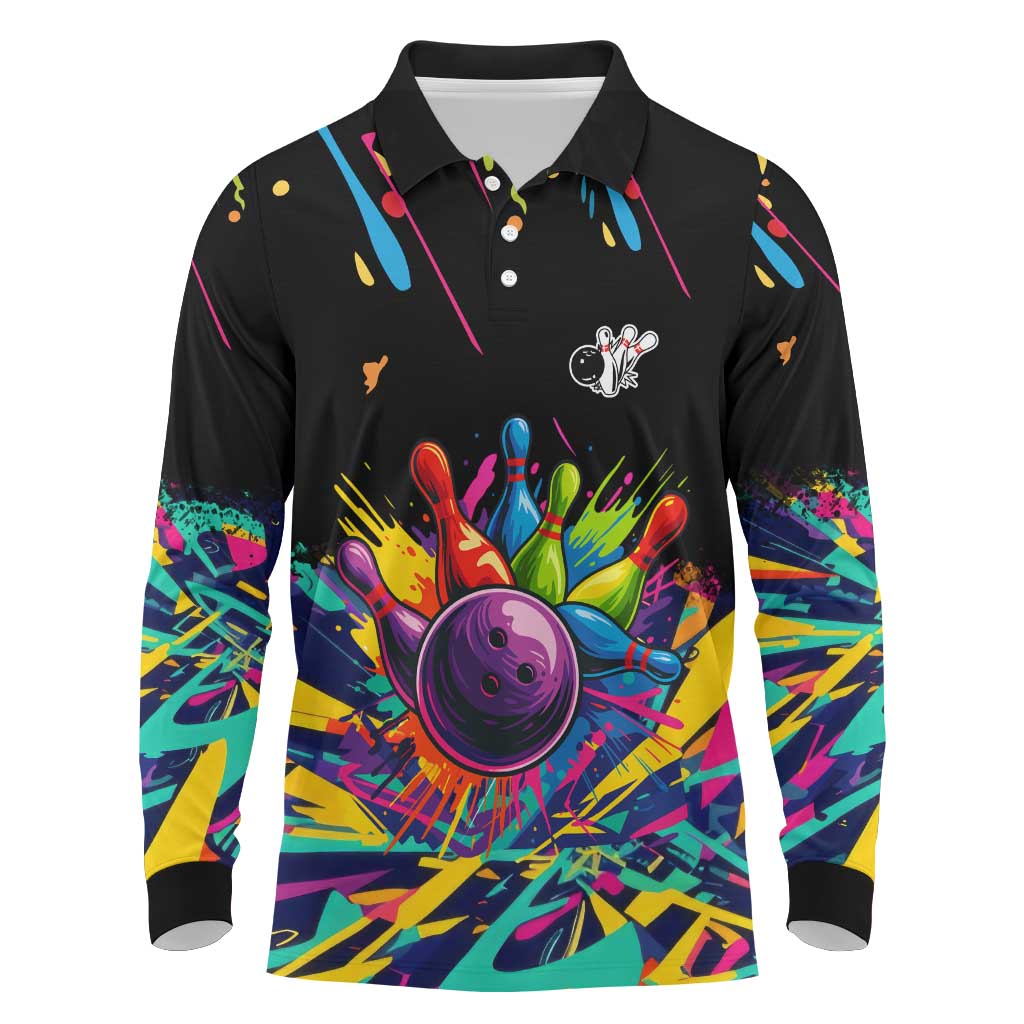 Colorful Bowling Ball and Pins Graphic Long Sleeve Polo Shirt Custom with Paint Splash - Wonder Print Shop