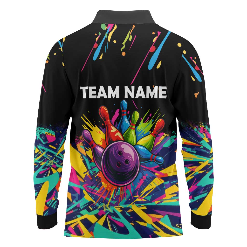 Colorful Bowling Ball and Pins Graphic Long Sleeve Polo Shirt Custom with Paint Splash - Wonder Print Shop