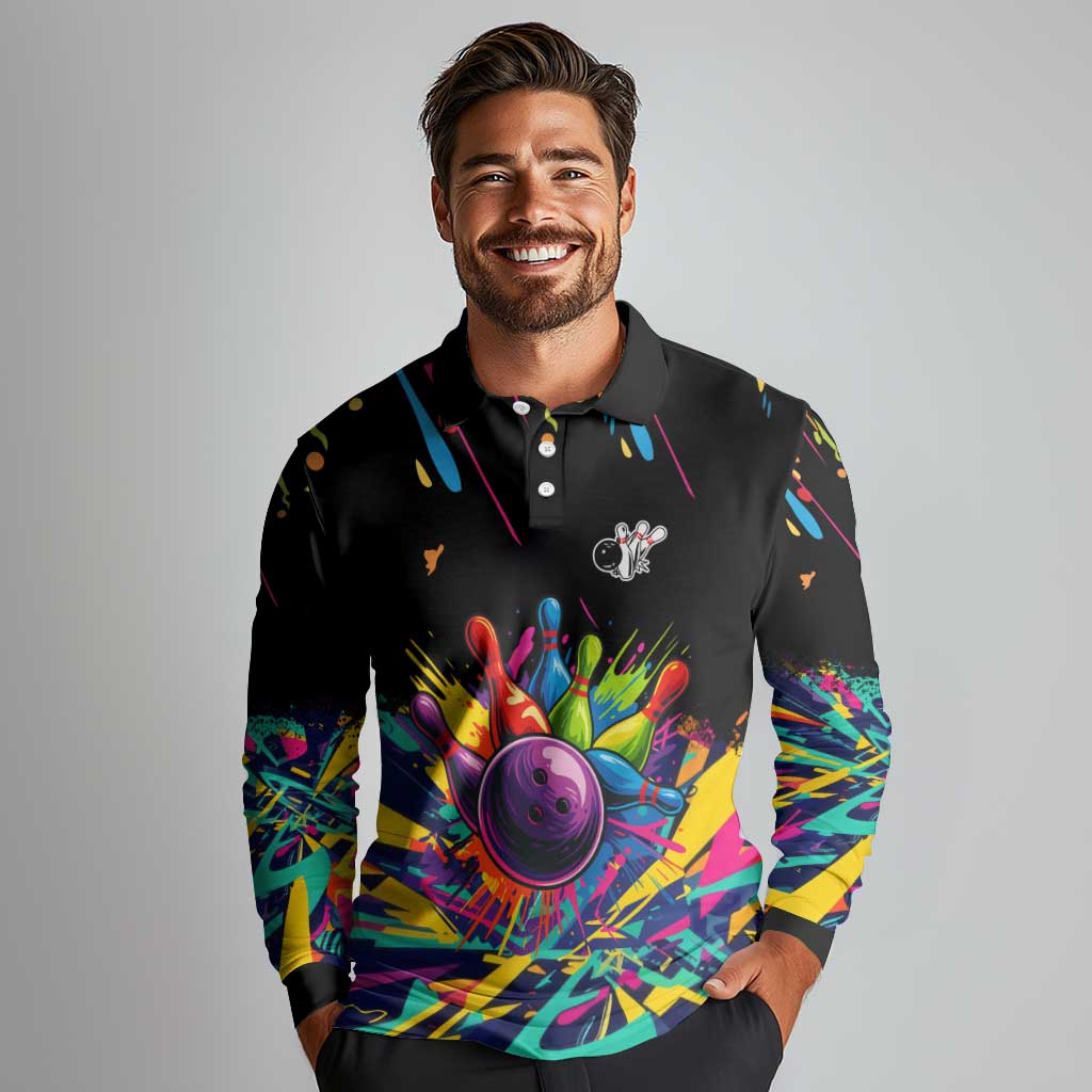 Colorful Bowling Ball and Pins Graphic Long Sleeve Polo Shirt Custom with Paint Splash - Wonder Print Shop