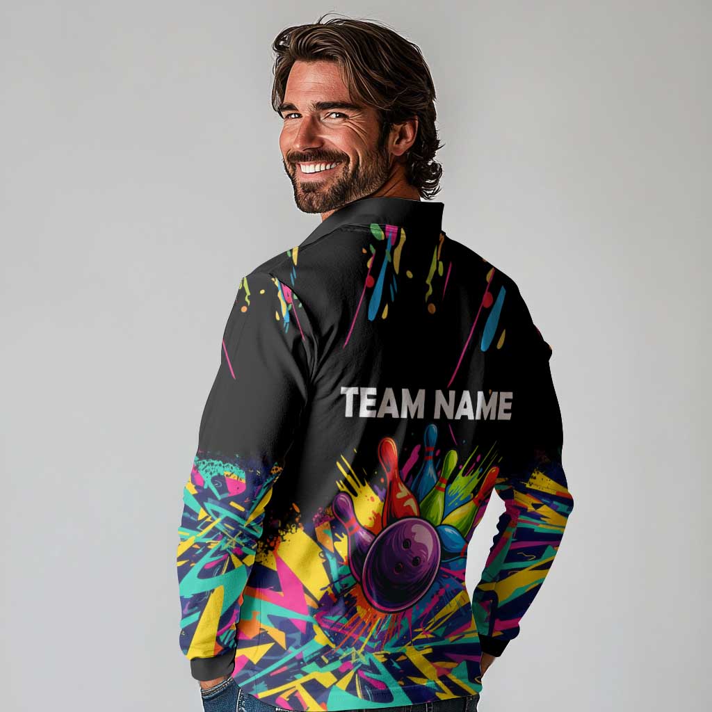 Colorful Bowling Ball and Pins Graphic Long Sleeve Polo Shirt Custom with Paint Splash - Wonder Print Shop