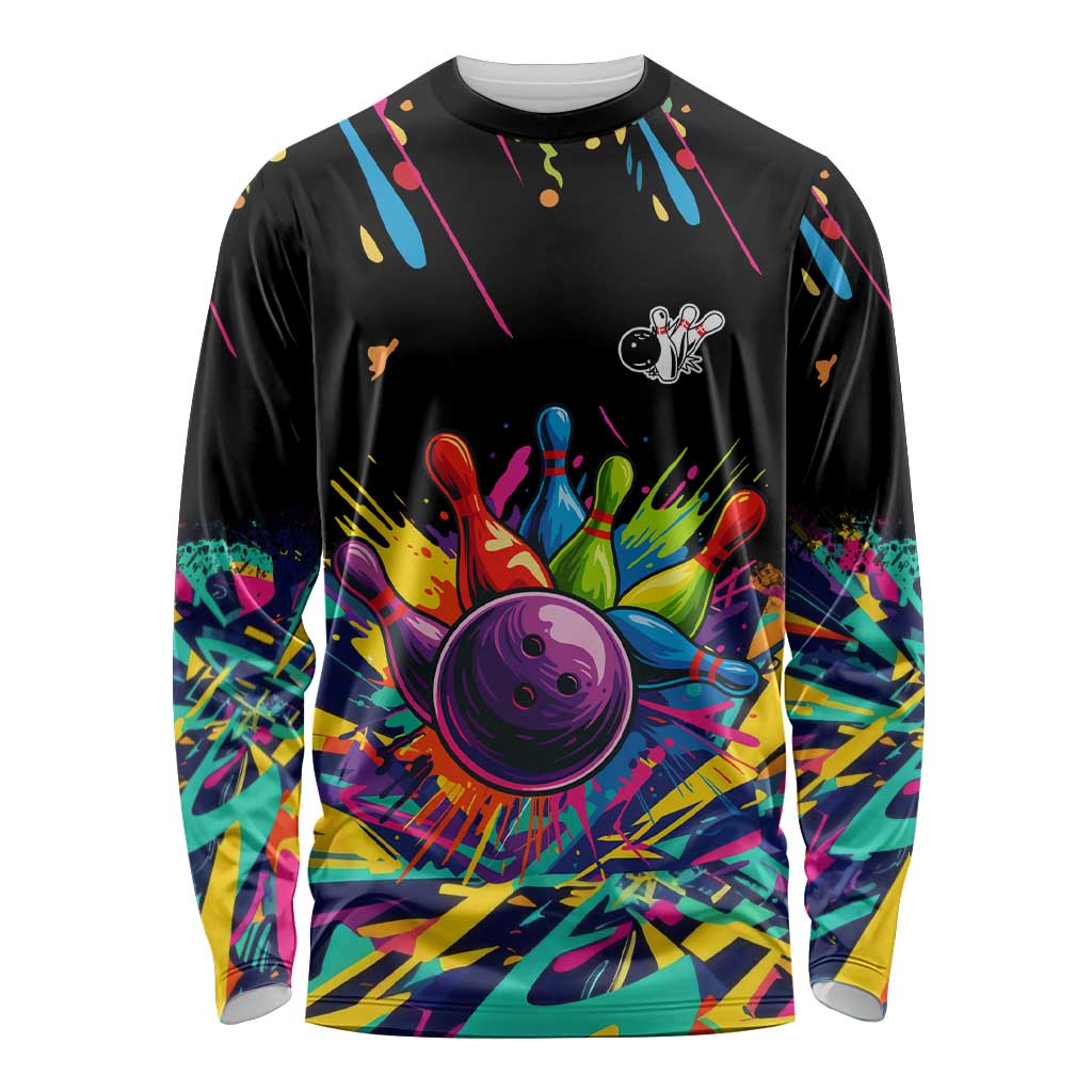 Colorful Bowling Ball and Pins Graphic Long Sleeve Shirt Custom with Paint Splash - Wonder Print Shop