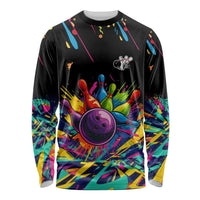 Colorful Bowling Ball and Pins Graphic Long Sleeve Shirt Custom with Paint Splash - Wonder Print Shop