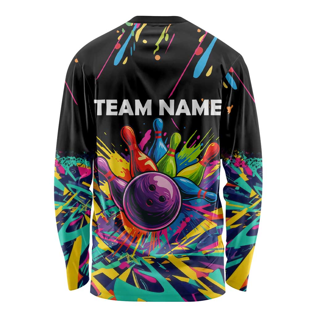 Colorful Bowling Ball and Pins Graphic Long Sleeve Shirt Custom with Paint Splash - Wonder Print Shop