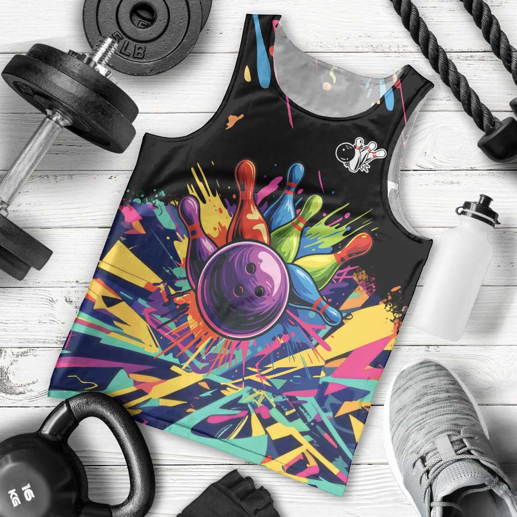 Colorful Bowling Ball and Pins Graphic Men Tank Top Custom with Paint Splash - Wonder Print Shop